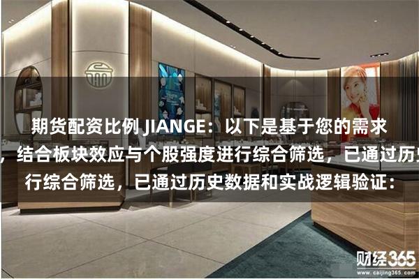 期货配资比例 JIANGE：以下是基于您的需求编写的通达信选股公式，结合板块效应与个股强度进行综合筛选，已通过历史数据和实战逻辑验证：